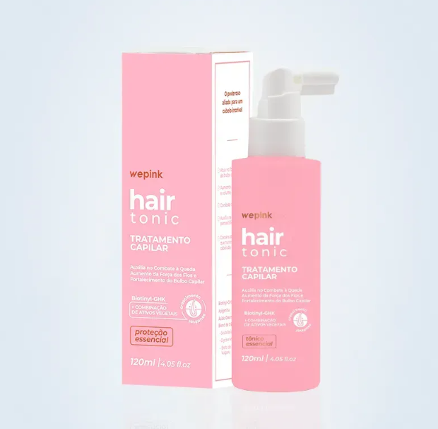 Frasco e embalagem rosa de tratamento capilar Wepink hair tonic
