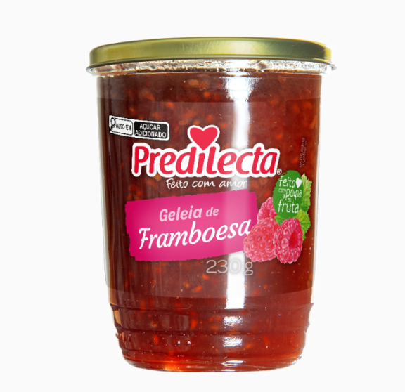 Frasco de geleia de framboesa Predilecta com rótulo rosa e tampa dourada