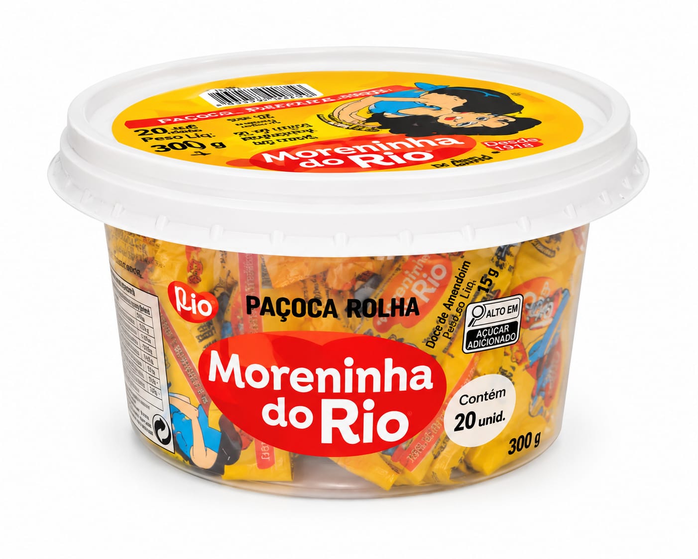Pacote plástico com doces de amendoim embalados individualmente, marca Moreninha do Rio.