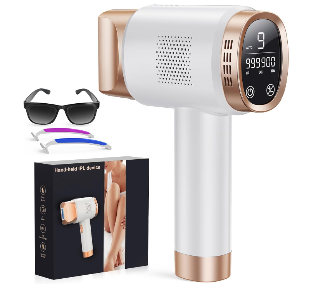 Dispositivo portátil branco e dourado para IPL com acessórios e embalagem