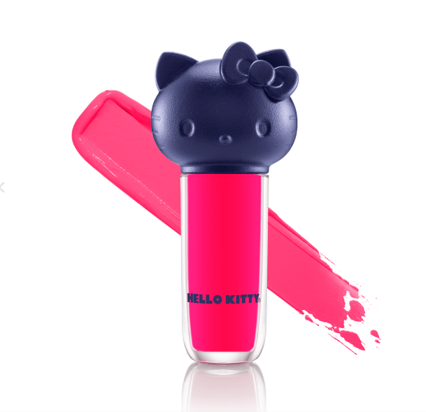 Batom líquido rosa com tampa azul escuro em forma da cabeça Hello Kitty