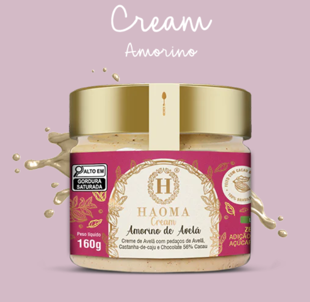 Frasco de creme de avelã HAOMA com tampa dourada e rótulo vinho em fundo rosa claro