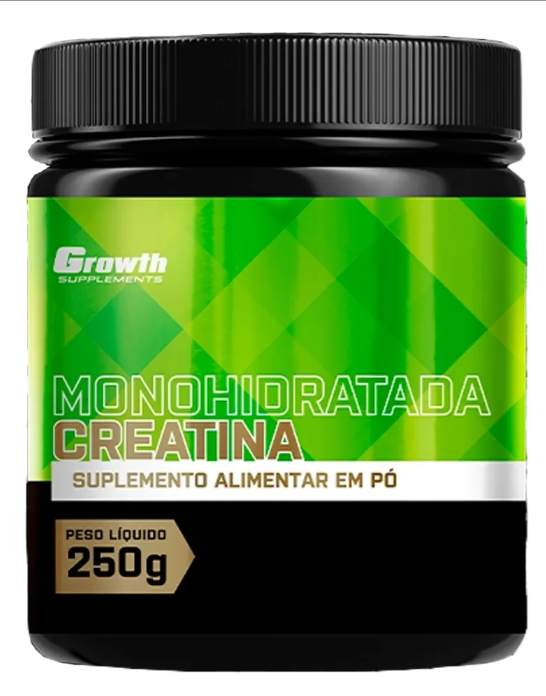 Frasco preto de creatina monohidratada em pó com rótulo verde e branco