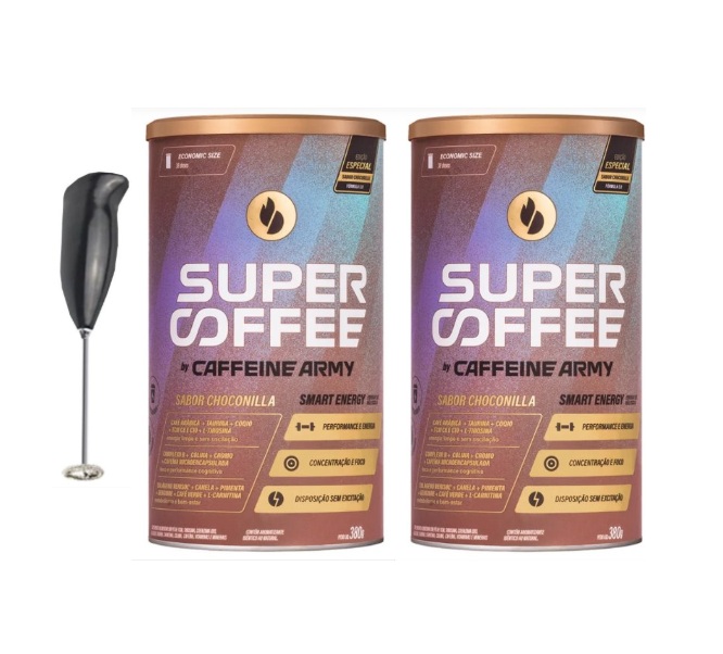 Dois recipientes de Super Coffee sabor Choconilla e um batedor elétrico preto