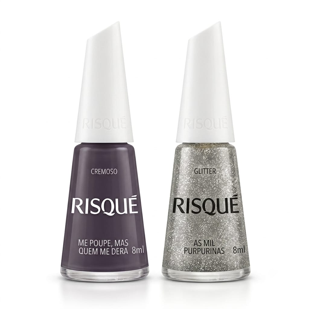 Dois vernizes de unha Risqué, cremoso roxo escuro e glitter prateado, com tampas brancas