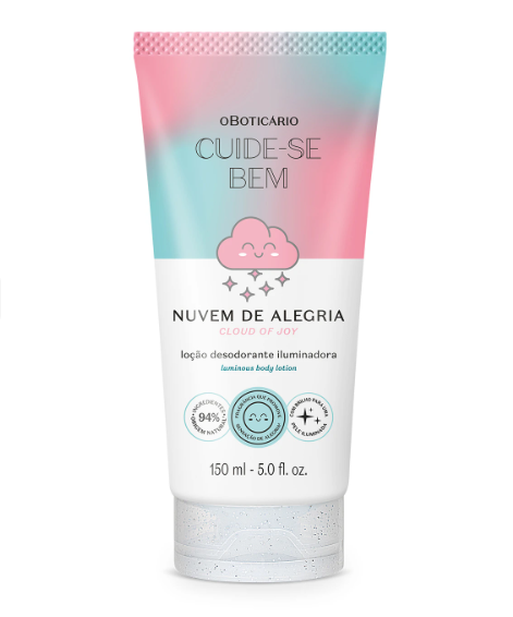 Loção desodorante iluminadora Cuide-se Bem Nuvem de Alegria em embalagem colorida rosa e azul