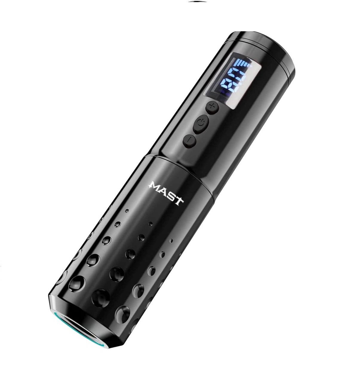 Máquina para tatuagens preta com visor digital e botões.