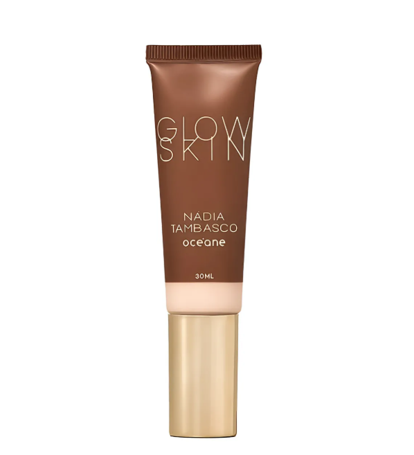 Tubo castanho de produto Glow Skin com tampa dourada