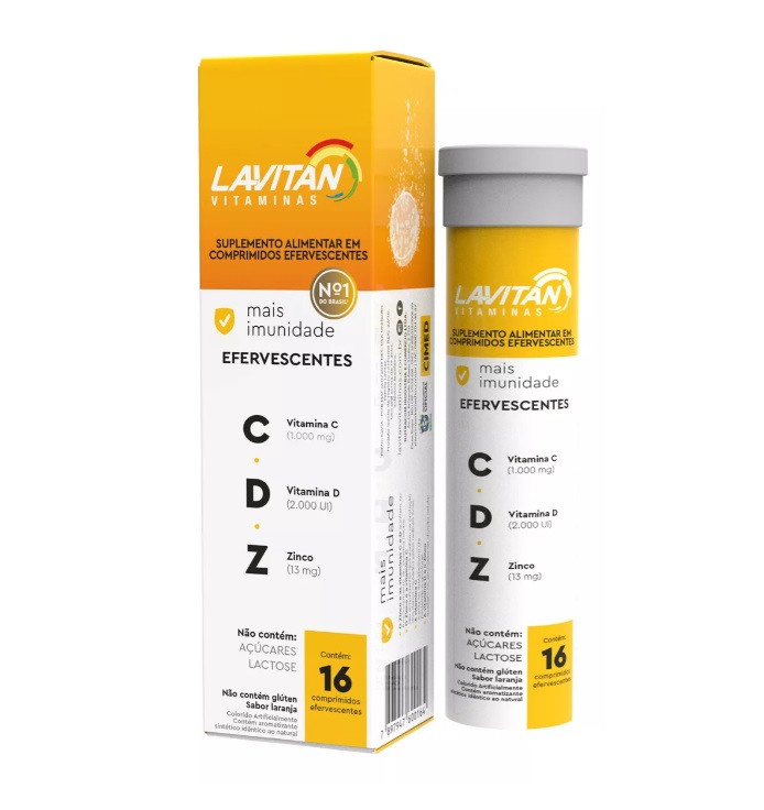 Suplemento de vitaminas LAVITAN comprimidos efervescentes em embalagem e tubo amarelo e branco