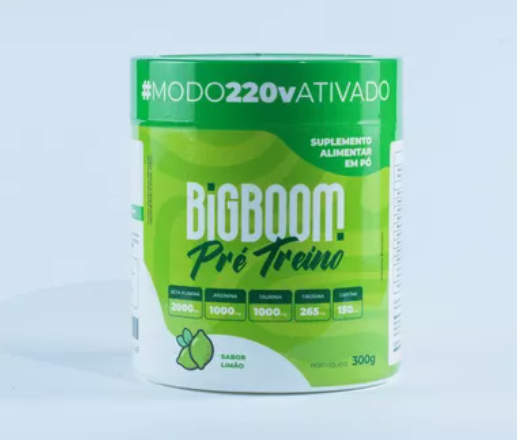 Frasco verde de suplemento alimentar BigBoom Pré Treino sabor limão