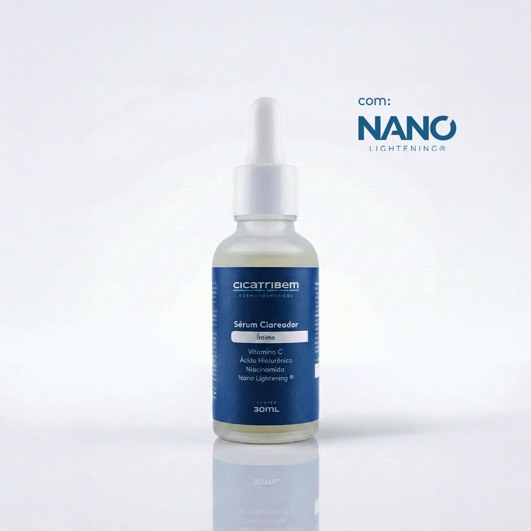 Frasco de sérum com conta-gotas e rótulo azul da marca CICATRIBEM