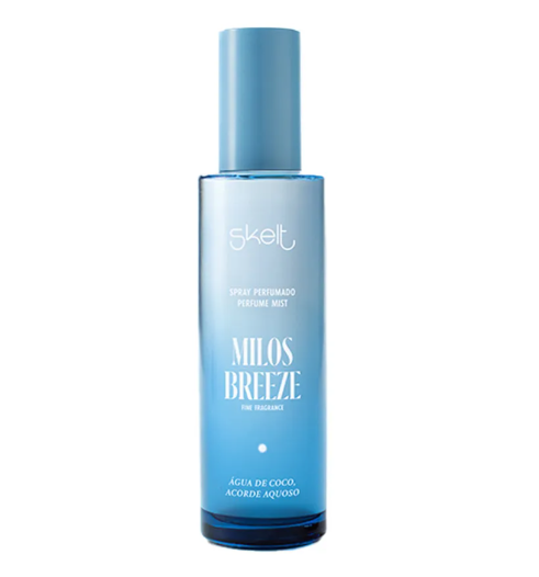 Frasco azul de spray perfumado Milos Breeze com texto branco