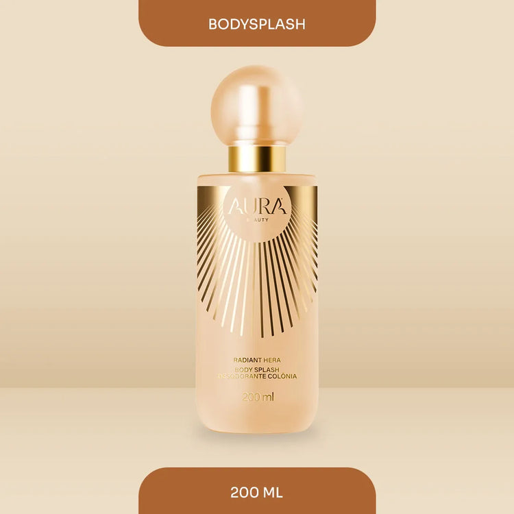 Frasco de bodysplash bege e dourado com tampa redonda e texto Aura Beauty Radiant Hera