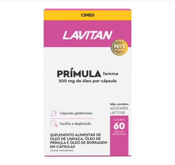 Embalagem de suplemento Lavitan Prímula femme com 60 cápsulas