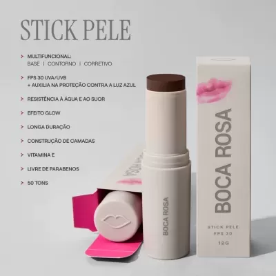 Stick de maquilhagem BOCA ROSA em embalagem branca e rosa com texto promocional