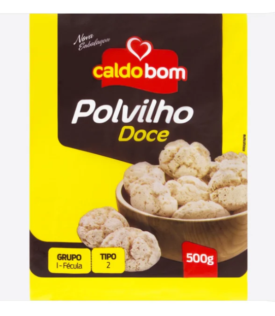 Embalagem de Polvilho Doce Caldo Bom, 500g, amarelo e preto