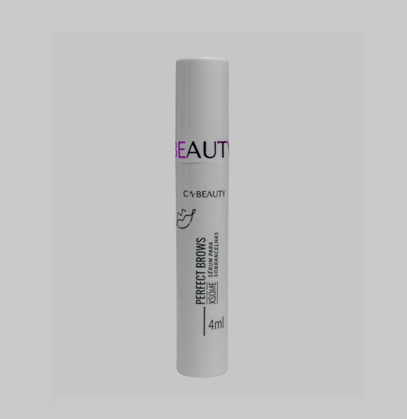 Tubo de produto para sobrancelhas branco com texto preto e roxo em fundo cinza claro