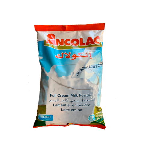 Pacote plástico de pó de leite integral Incolac com cores branco, azul e vermelho