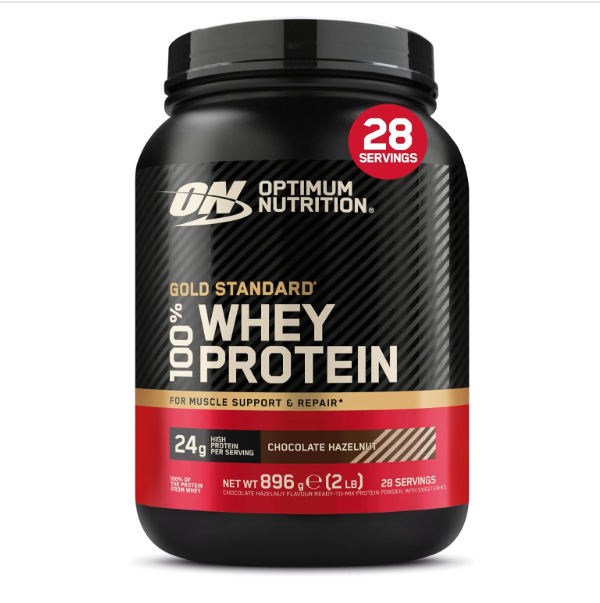 Frasco preto de proteína whey da Optimum Nutrition, sabor Chocolate Hazelnut, 896 g