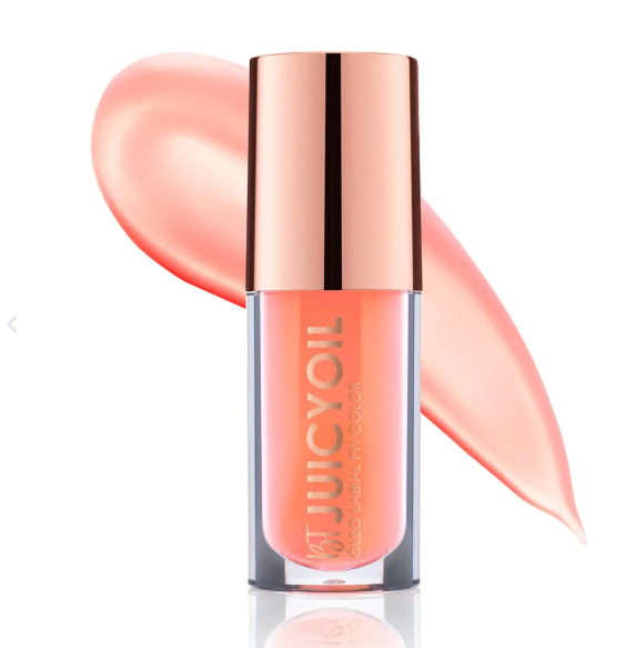 Frasco de verniz pêssego com tampa dourada e pincelada da mesma cor ao fundo