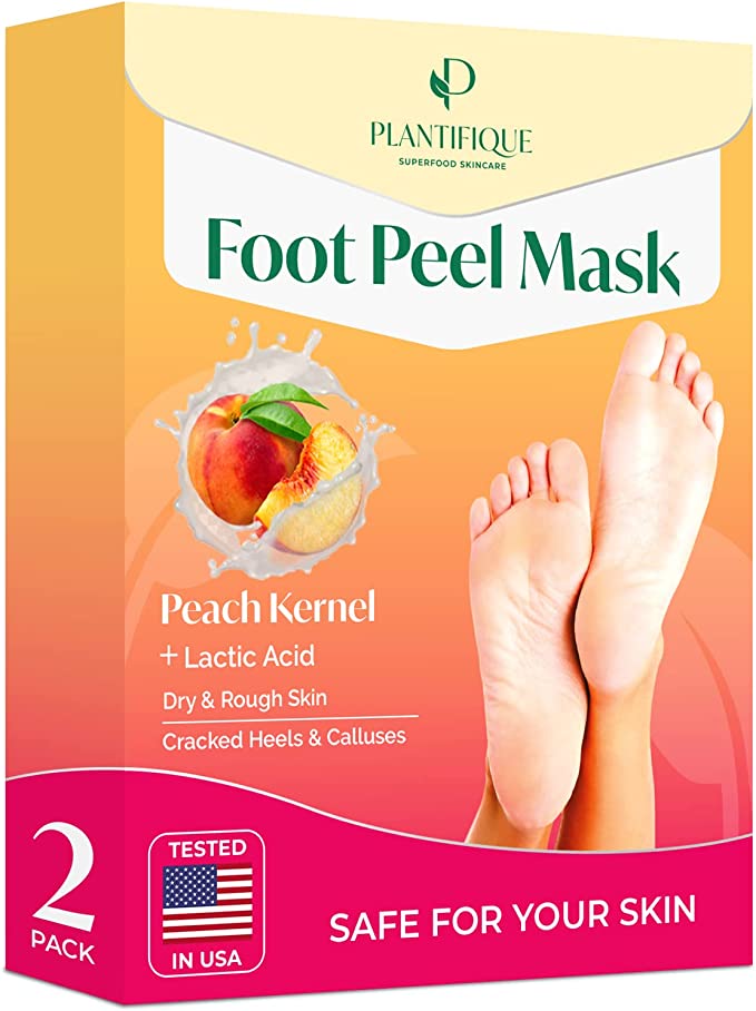Caixa de máscara esfoliante para pés Plantifique Foot Peel Mask com pêssegos e pés desenhados