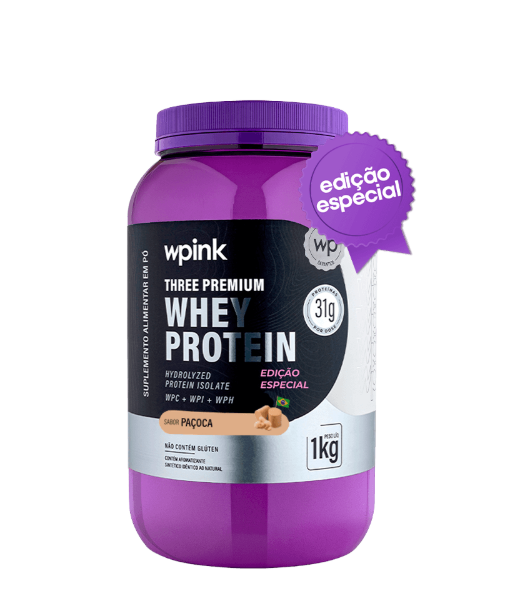Recipiente roxo de suplemento alimentar wpink Whey Protein edição especial sabor paçoca 1kg