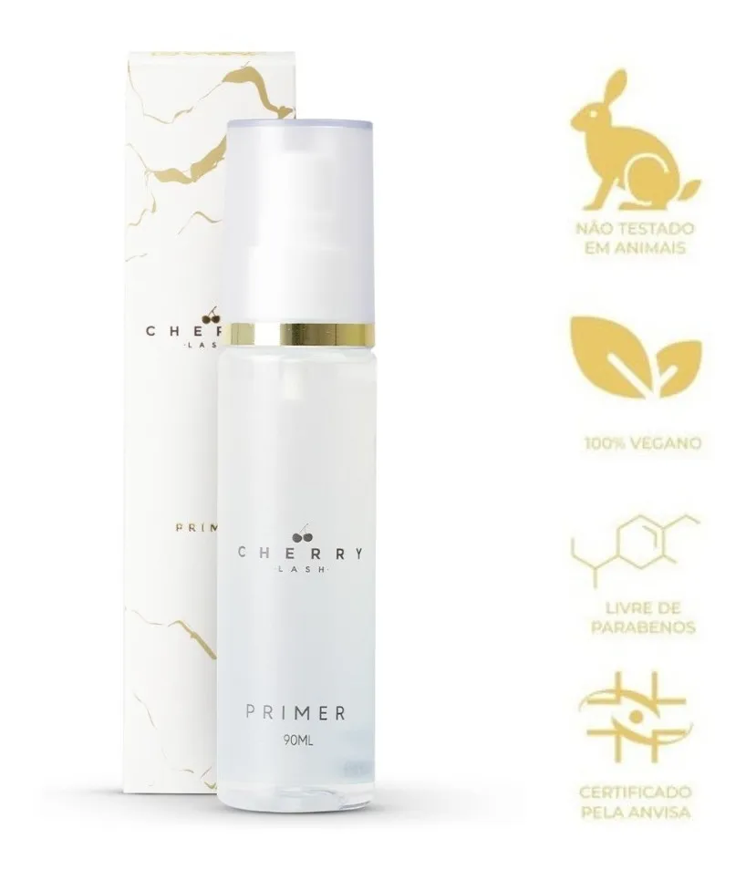 Frasco de primer Cherry Lash 90ml com embalagem e selo de garantias vegano, sem parabenos e certificado