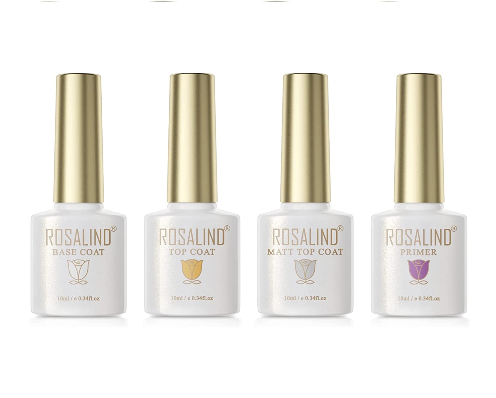 Frascos de verniz para unhas ROSALIND Base Coat, Top Coat, Matt Top Coat e Primer