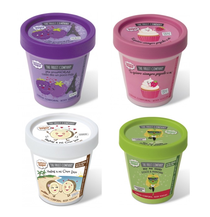 Quatro embalagens coloridas de gelado da marca THE FRUIT COMPANY