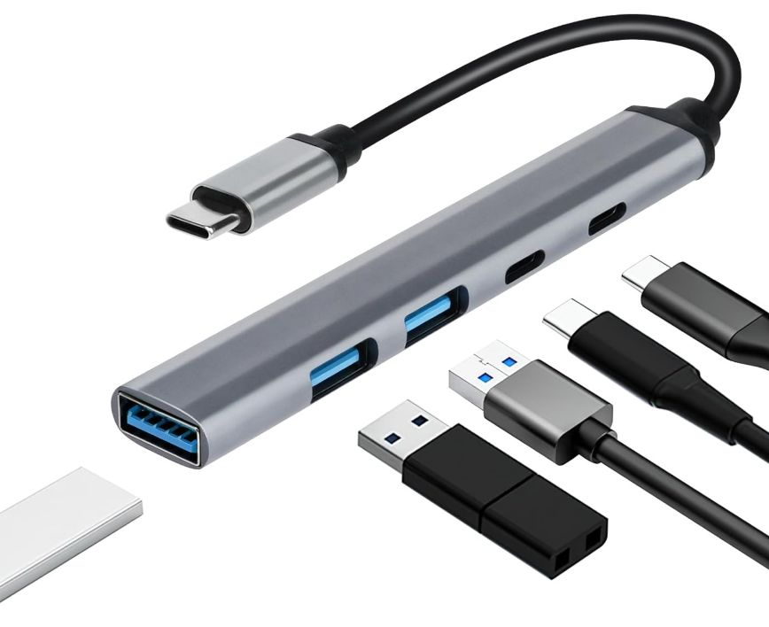 Hub USB-C metálico com portas USB azuis e USB-C e cabos na cor preta e cinza