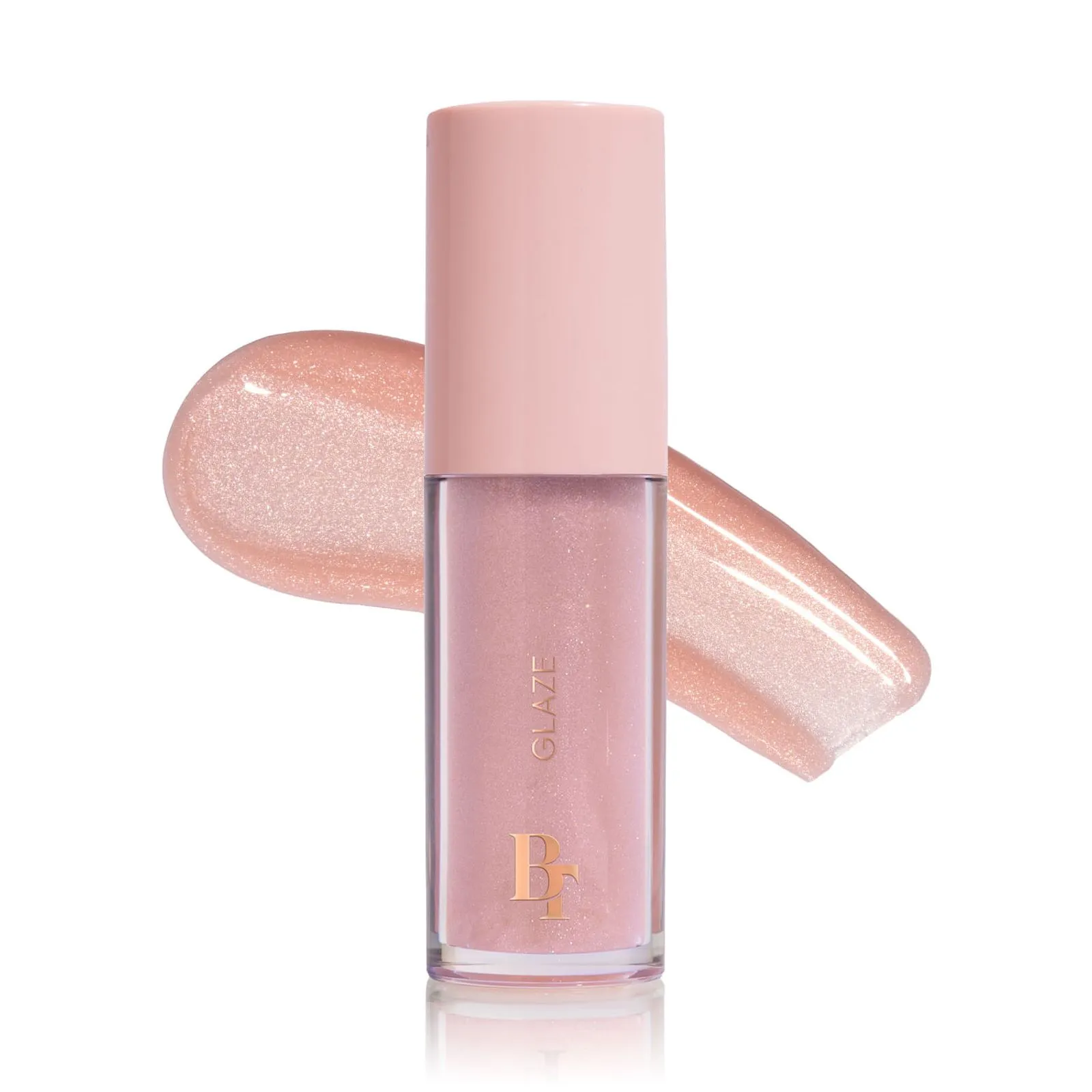Verniz ou gloss labial rosa com brilho em frasco de vidro com tampa rosa claro