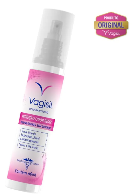 Desodorizante íntimo Vagisil rosa e branco com texto e selo produto original