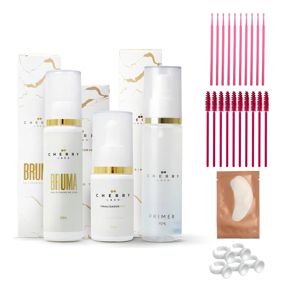 Kit de produtos para extensão de cílios Cherry Lash com frascos brancos e detalhes dourados, escovas rosa, anéis brancos e um patch.