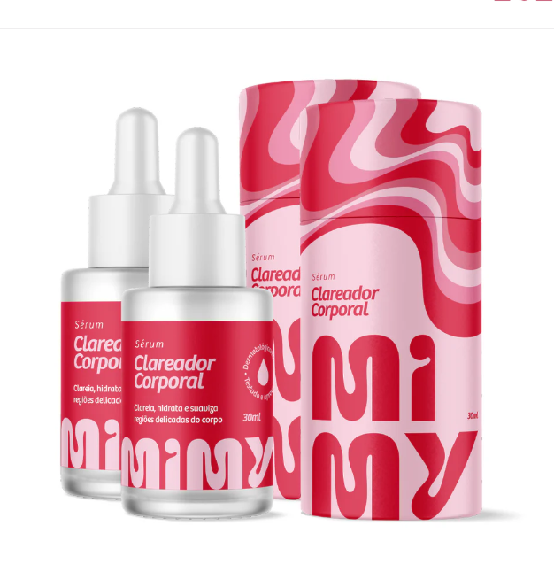 Sérum clareador corporal em frascos com conta-gotas e embalagens coloridas