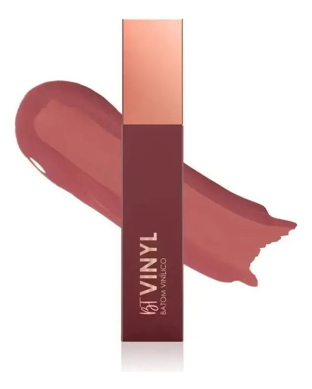 Batom vinílico bordô com tampa cor de rosa dourado e amostra da cor do batom.