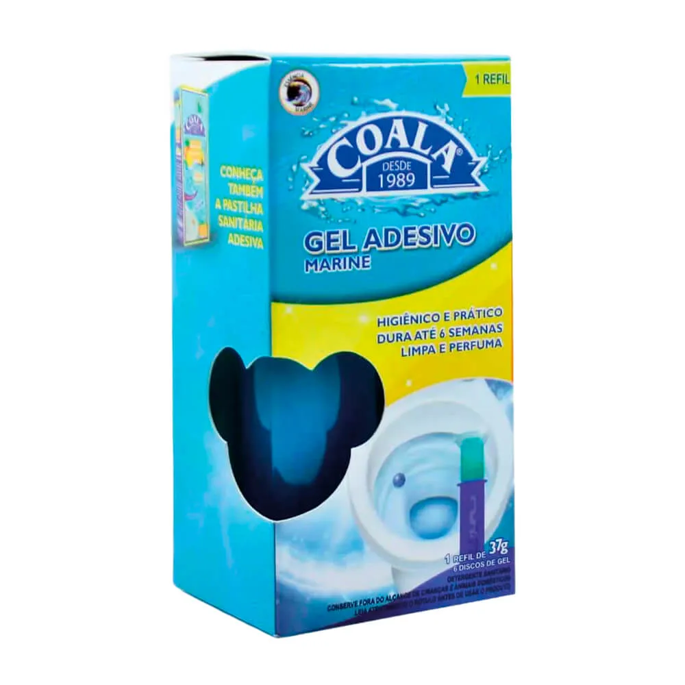 Embalagem azul e amarela de gel adesivo para sanita Coala Marine