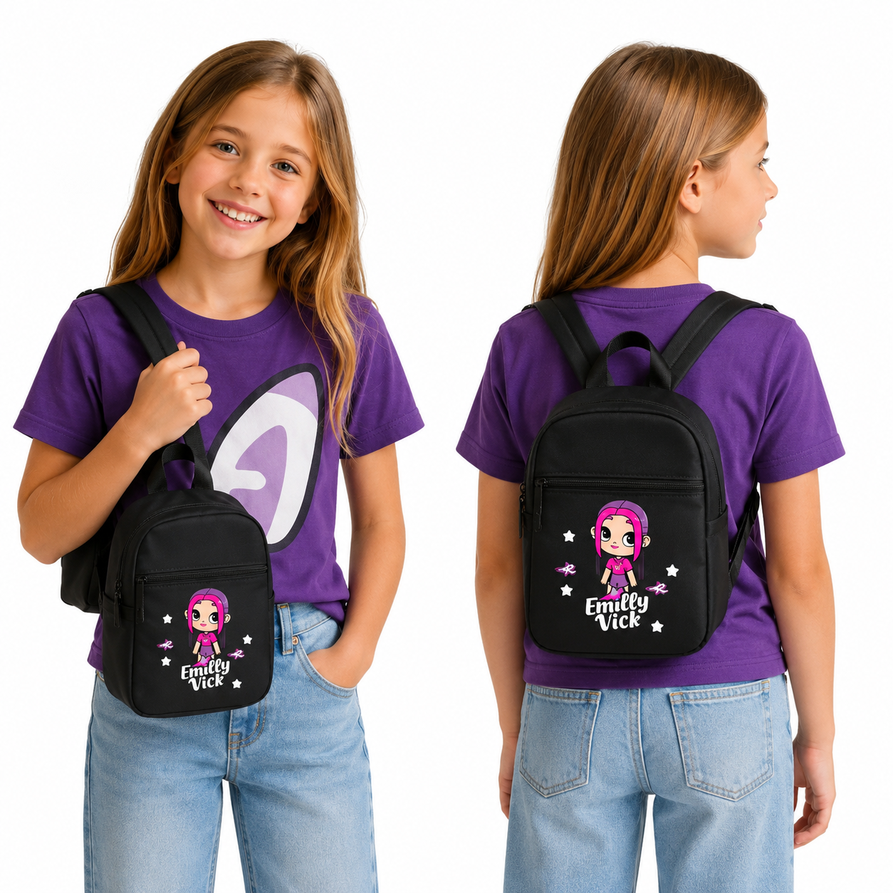 Mochila preta pequena com estampa de personagem e texto Emilly Vick