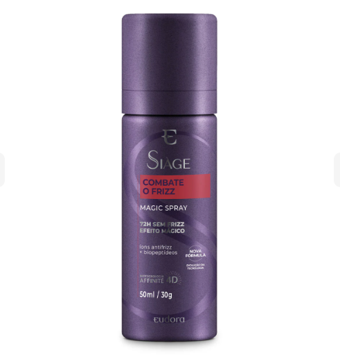Frasco roxo fosco de spray capilar combate o frizz 50 ml.