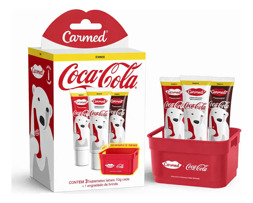 Embalagem com três tubos de hidratante labial e caixote vermelho Carmed Coca-Cola