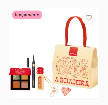 Conjunto de maquilhagem Avon com paleta de sombras, delineador, vidro pequeno e saco com alças vermelhas