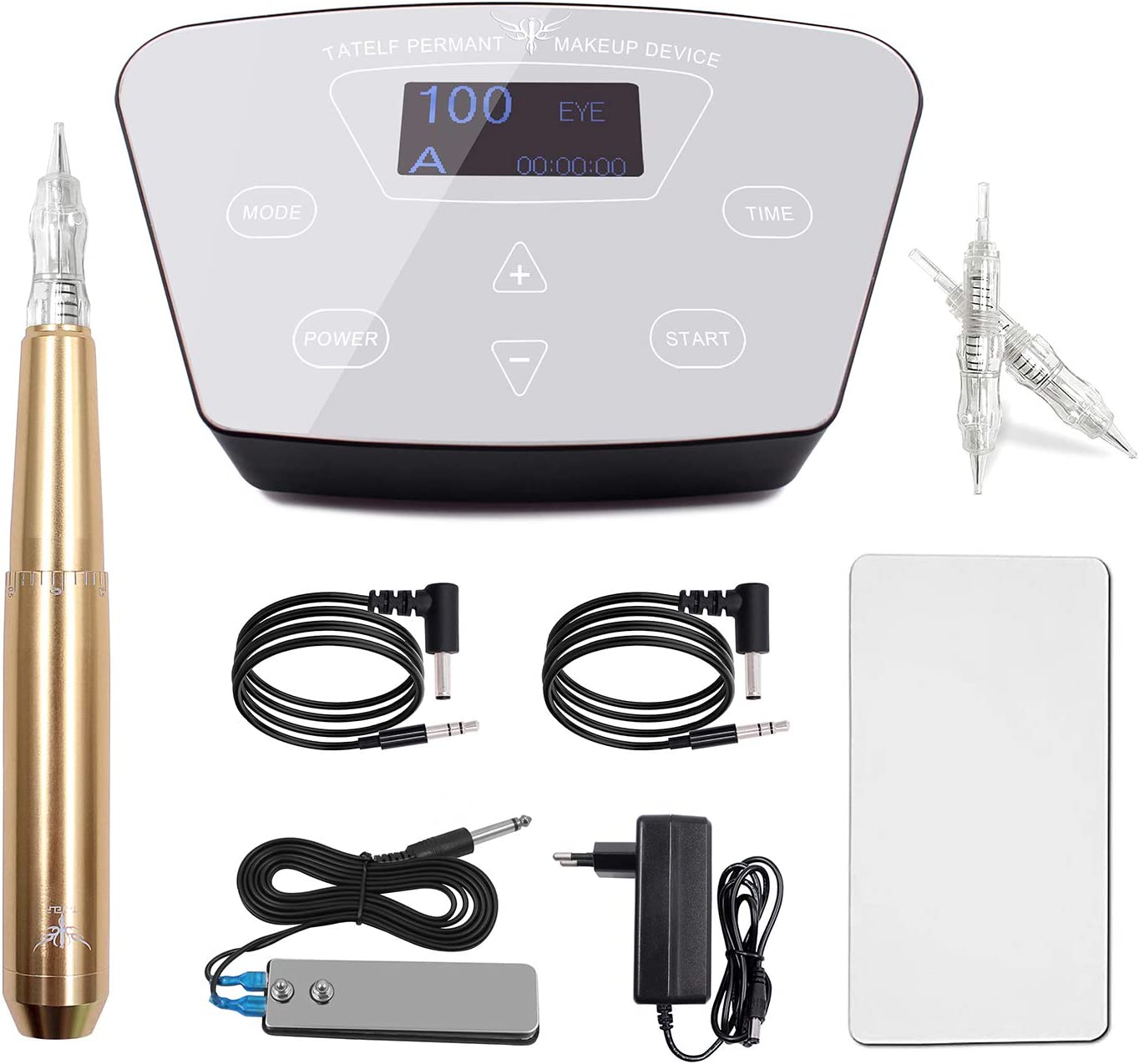 Dispositivo de maquilhagem permanente dourado com ecrã digital e acessórios