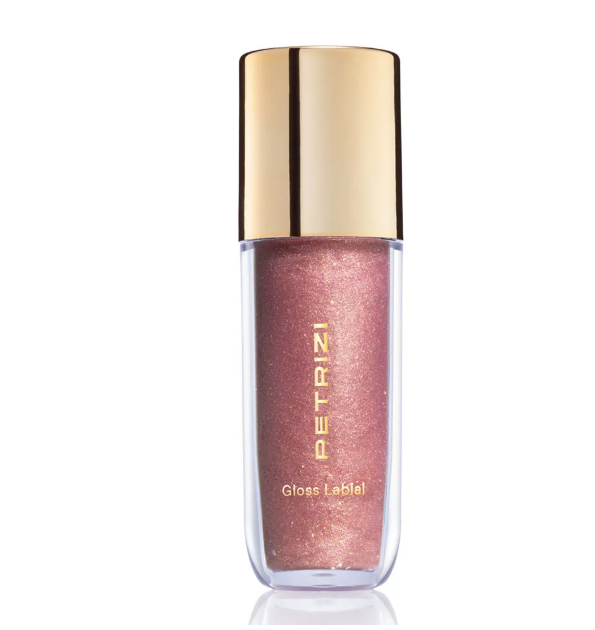 Frasco de gloss labial rosa metalizado PETRIZI com tampa dourada