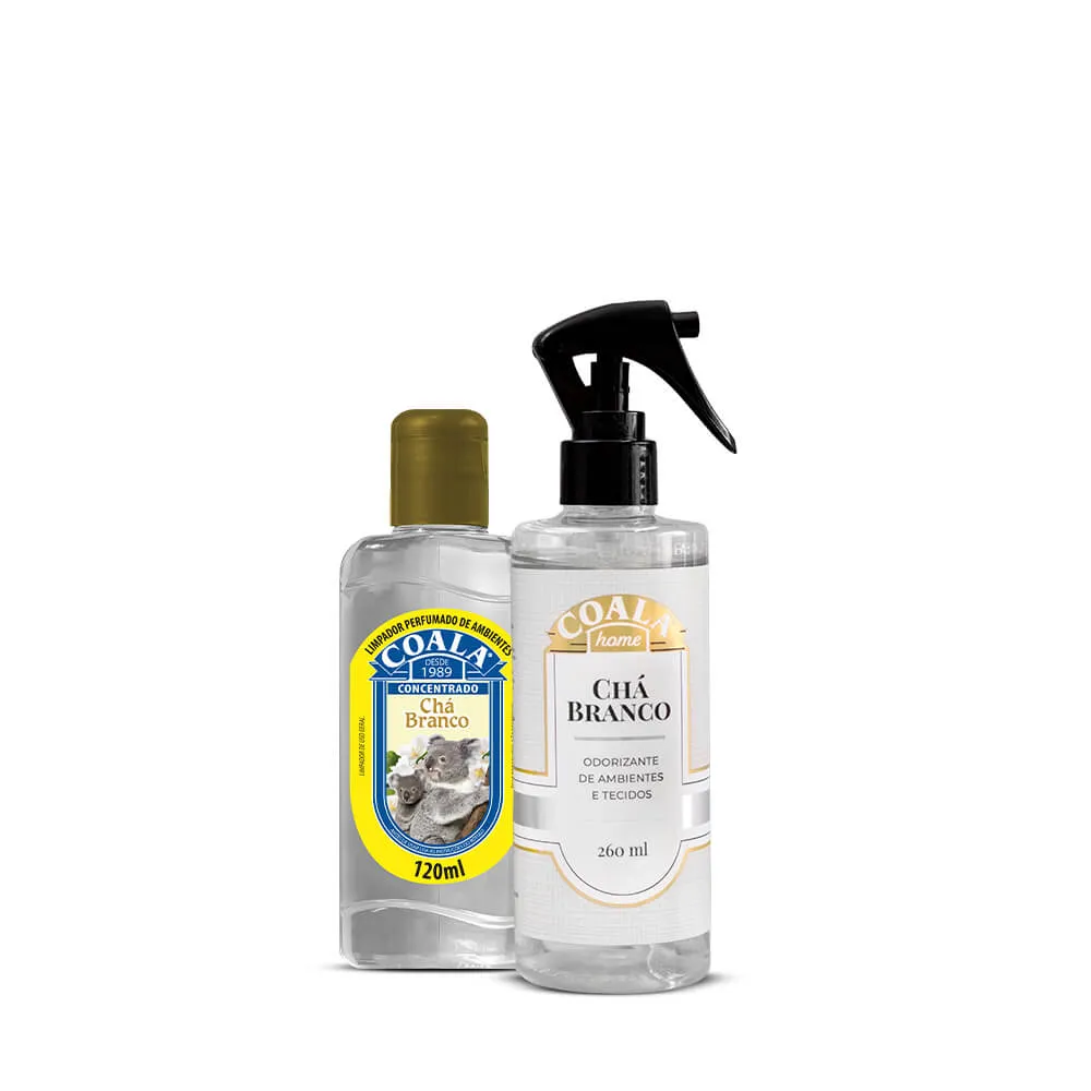 Duas garrafas de produtos COALA Chá Branco para limpeza e odor