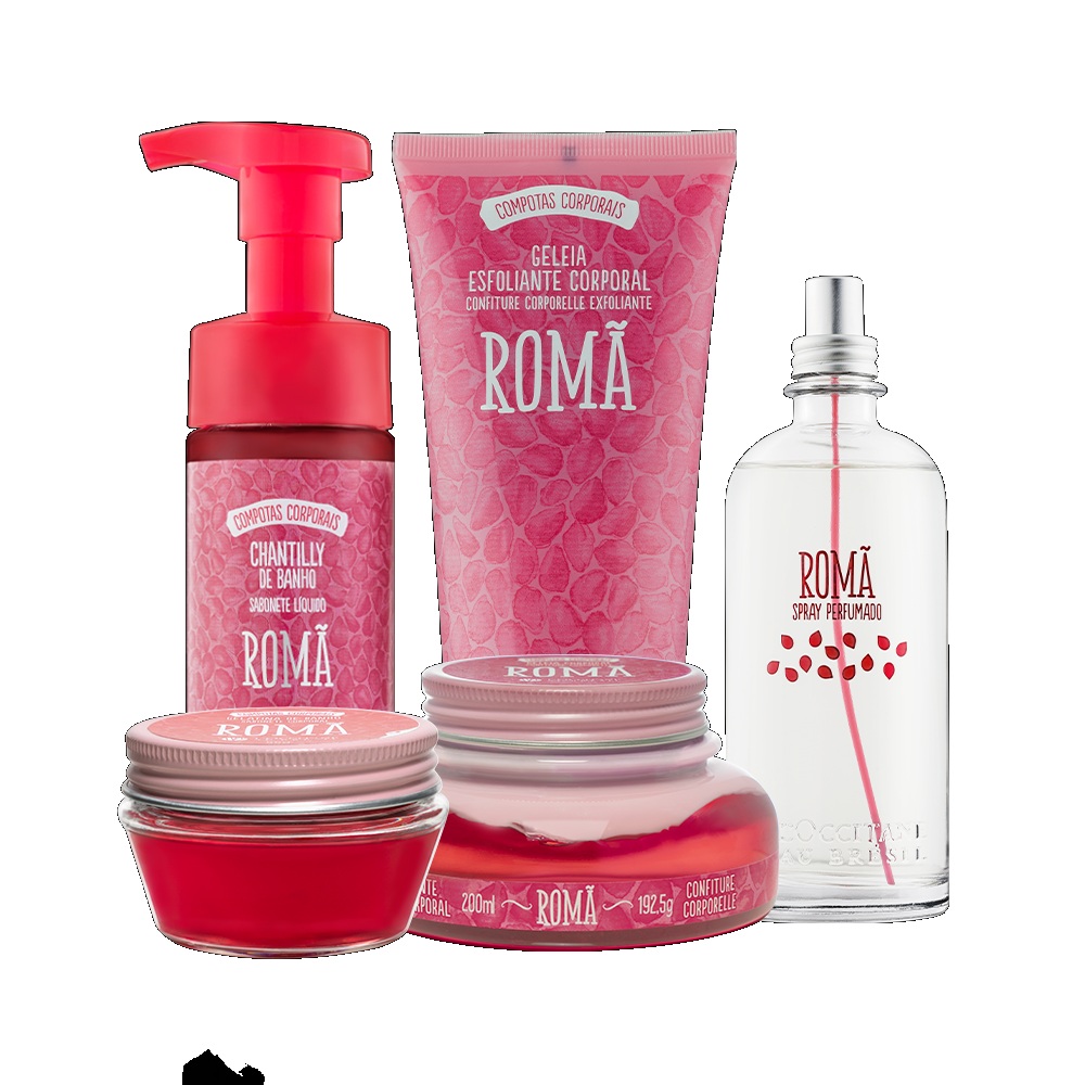 Conjunto de produtos de beleza rosa e vermelho com texto ROMÃ e COMPOTAS CORPORAIS