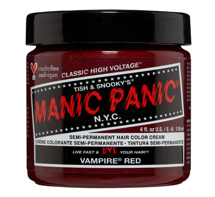 Frasco vermelho de creme colorante de cabelo semi-permanente Vampire Red Manic Panic