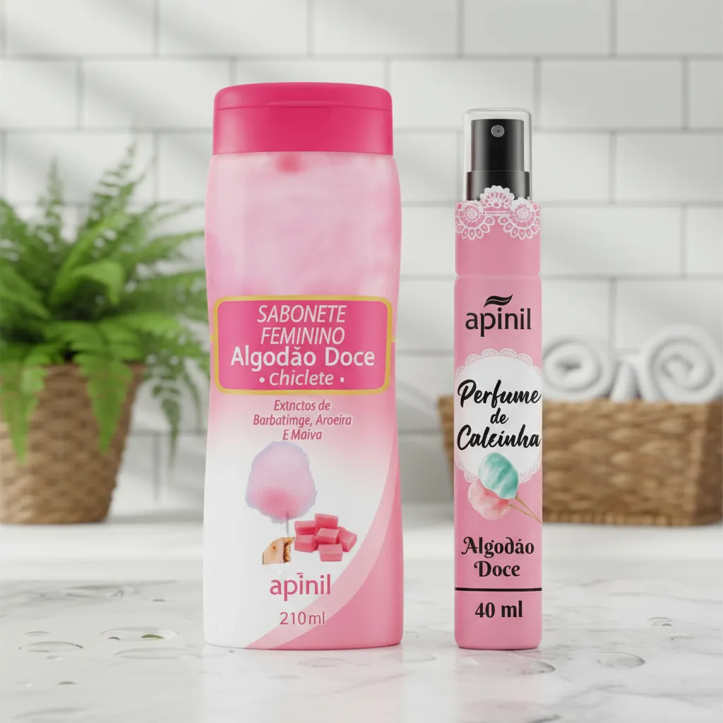 Sabonete feminino e perfume de calcinha Algodão Doce da marca apinil sobre bancada branca em ambiente com azulejos e planta
