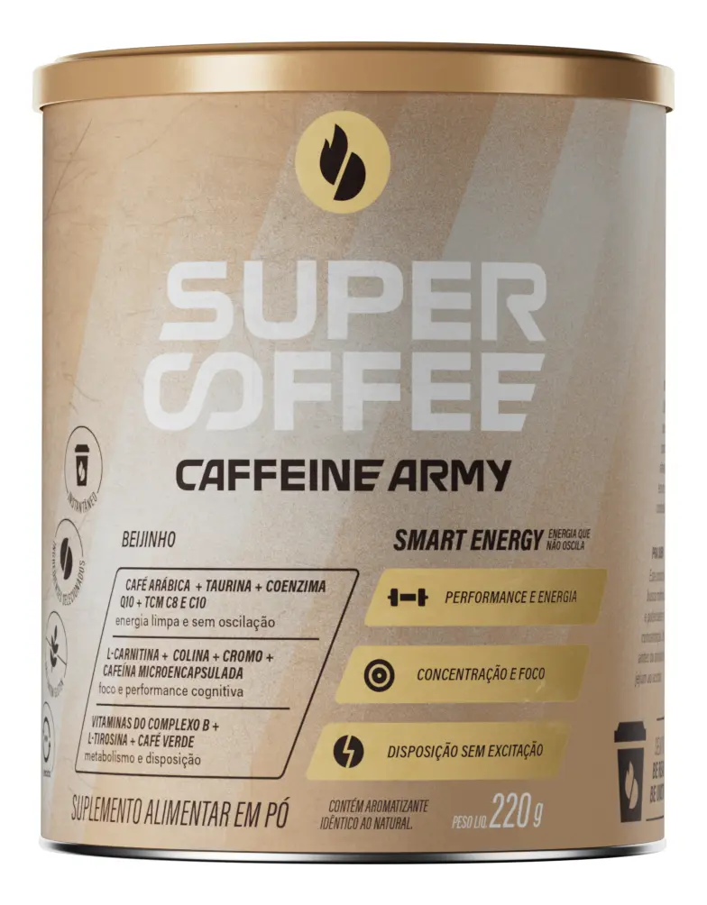 Embalagem de suplemento alimentar Super Coffee Caffeine Army, cor bege com tampa dourada