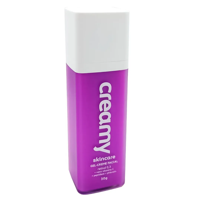 Frasco roxo retangular de gel-creme facial da marca creamy com tampa branca