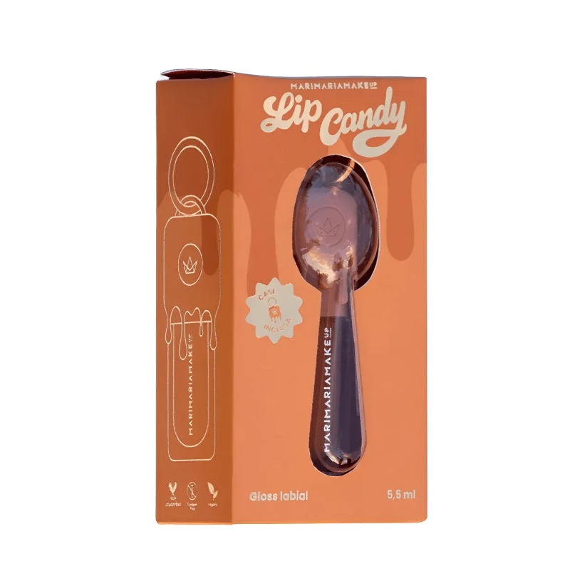 Caixa de gloss labial Lip Candy laranja com embalagem em forma de colher translúcida