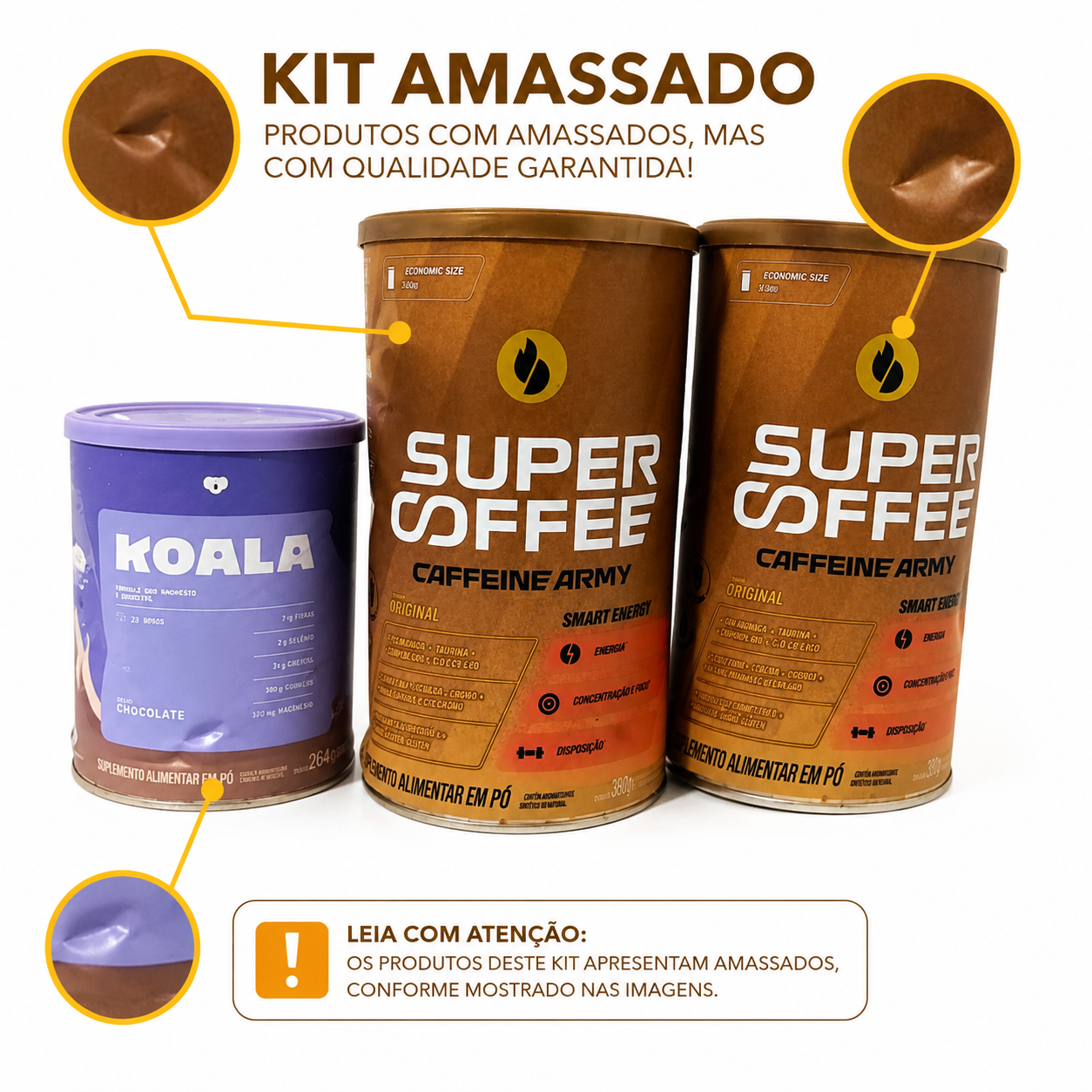 Três latas de suplementos em pó, duas castanhas SUPER COFFEE e uma roxa KOALA, todas amassadas conforme anunciado.